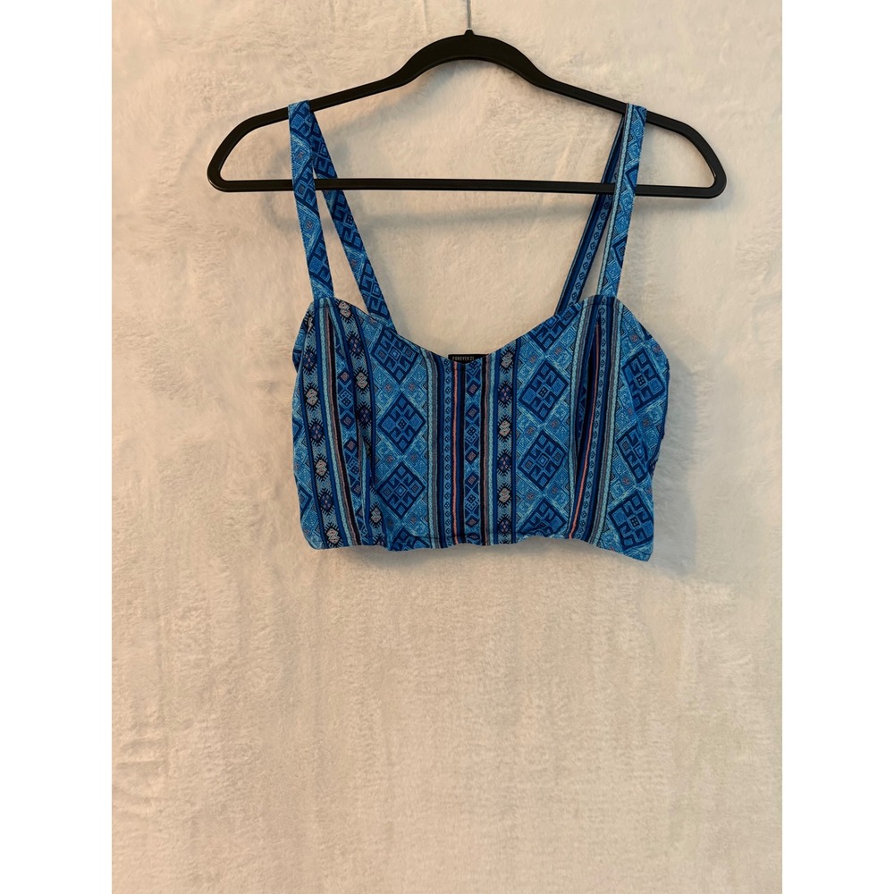 Forever 21 Blue Geometric Tribal Print Smocked Crop‎ Top Tank Large